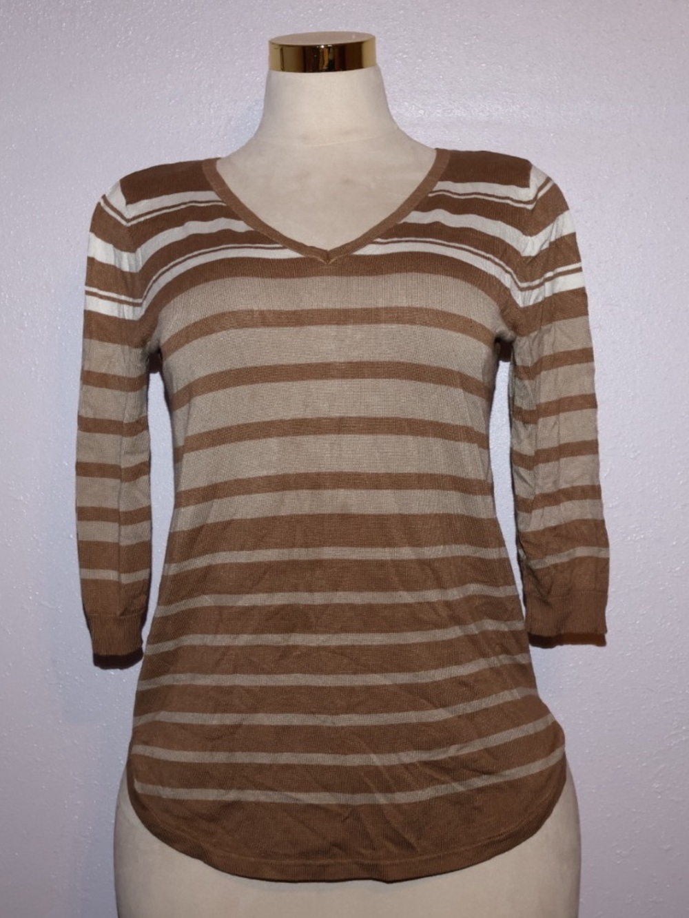 Lety & Me Striped V-Neck Sweater in Brown and Cream